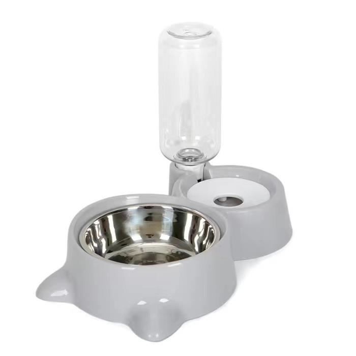 Gamelle pour Chat 2-En-1 - Gris - Distributeur d’Eau Automatique 500ml - Bol à Nourritures - Plastique Durable