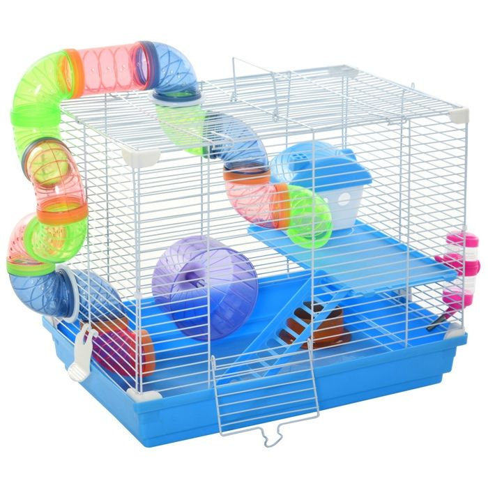Cage pour hamster - PawHut - rongeur 2 niveaux tunnel biberon eau roue maisonnette échelles - plastique - 46x30x37cm - bleu