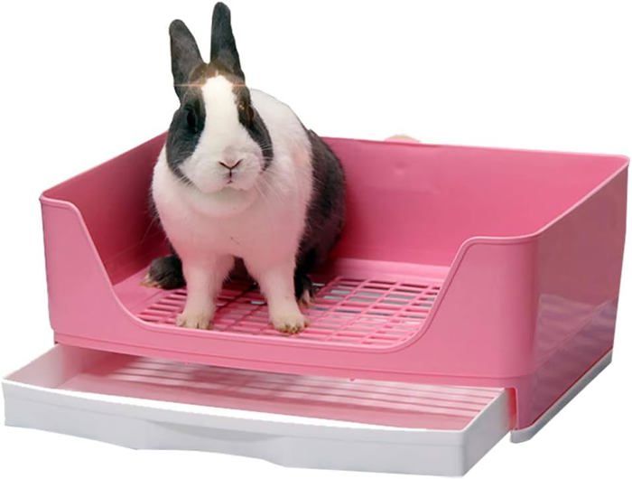 Bac à litière en coin avec tiroir amovible pour petits animaux comme lapins et cobayes (taille L)