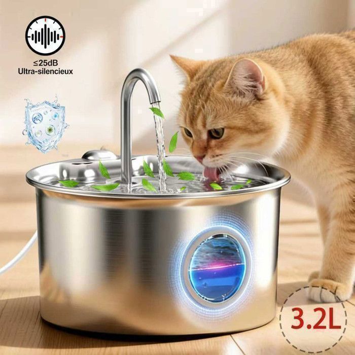 Fontaine à Eau pour Chat INOX – 32 L –  Ultra silencieuse – Fontaine Chat Acier Filtre Multicouche avec 2 filtres