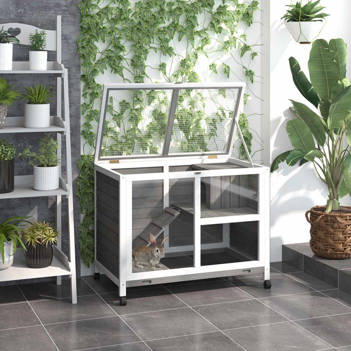 Cage à lapin clapier sur roulettes petit enclos aminaux en bois massif 2 étages toit ouvrant plates-formes 915 x 533 x 73 cm gris