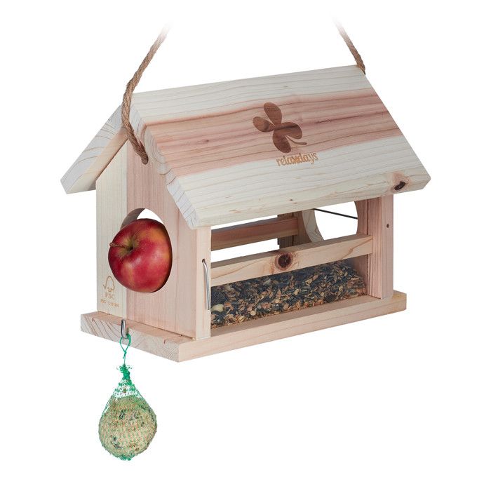 Relaxdays Mangeoire d’extérieur pour oiseaux support boules de graisse porte-pommes HxLxP env. 24x31x20 cm nature