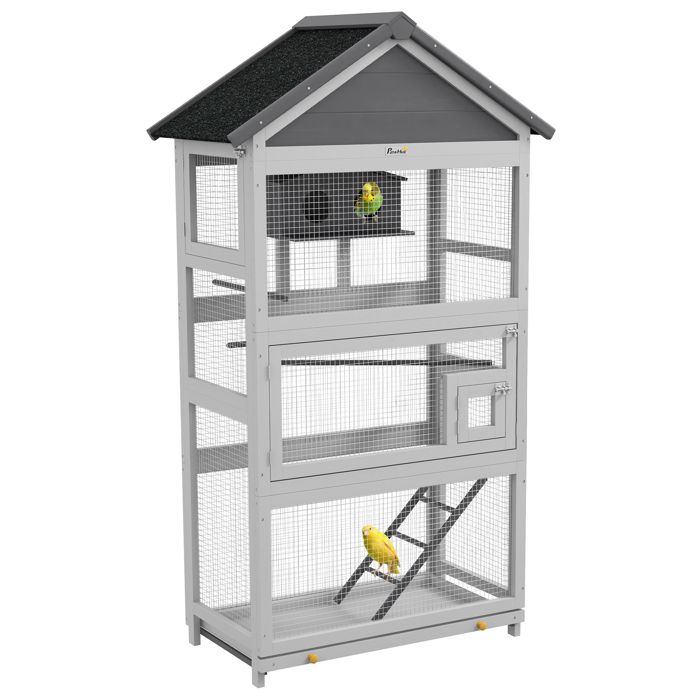 Cage à oiseaux - PawHut - toit asphalte imperméable - pour perruche calopsitte conure canaris - en bois - 92 x 52 x 171 cm gris