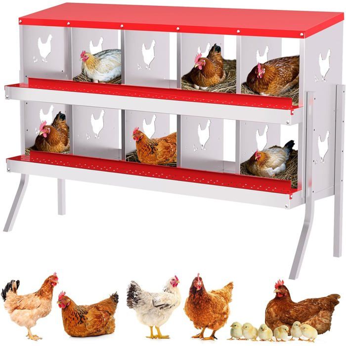 Boîte à Nid pour Poules Coop pour 10 Poules Pondeuses Boîte à Nid à 10 Compartiments Cage à Poules en Acier，Rouge avec pied 7mm