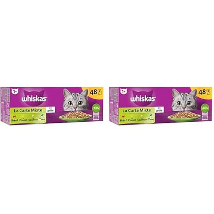 Nourriture humide - WHISKAS - Repas Mixte - 48 Sachets Fraîcheur - Pâtée en Gelée - 4 Saveurs Variées