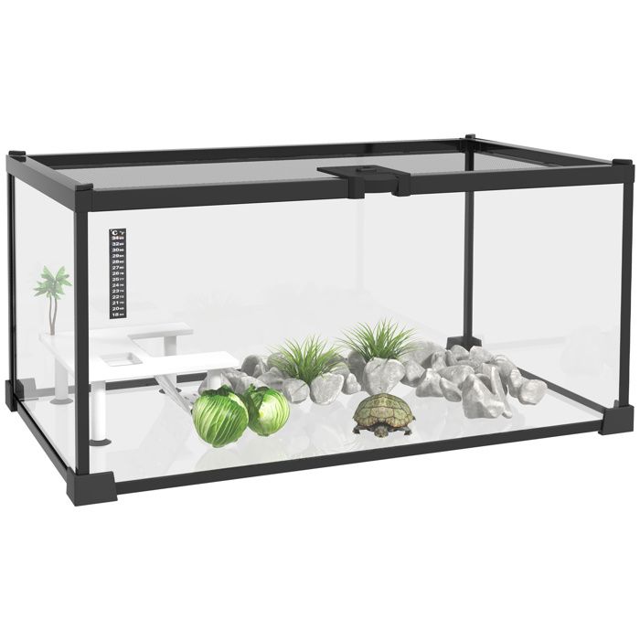 Boîte à reptiles - PawHut - élevage habitat terrarium couvercle coulissant thermomètre inclus - verre métal - 50x30x25cm - blanc