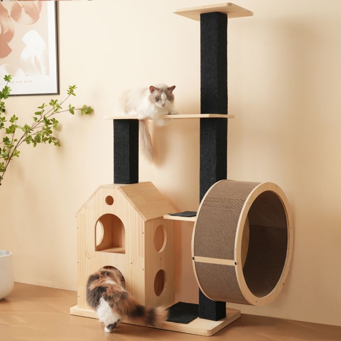 Arbre à chat en bois massif  – 80×40×152 cm griffoir à 4 plateformes 2 niches poteaux en sisal et tapis à griffer lavables