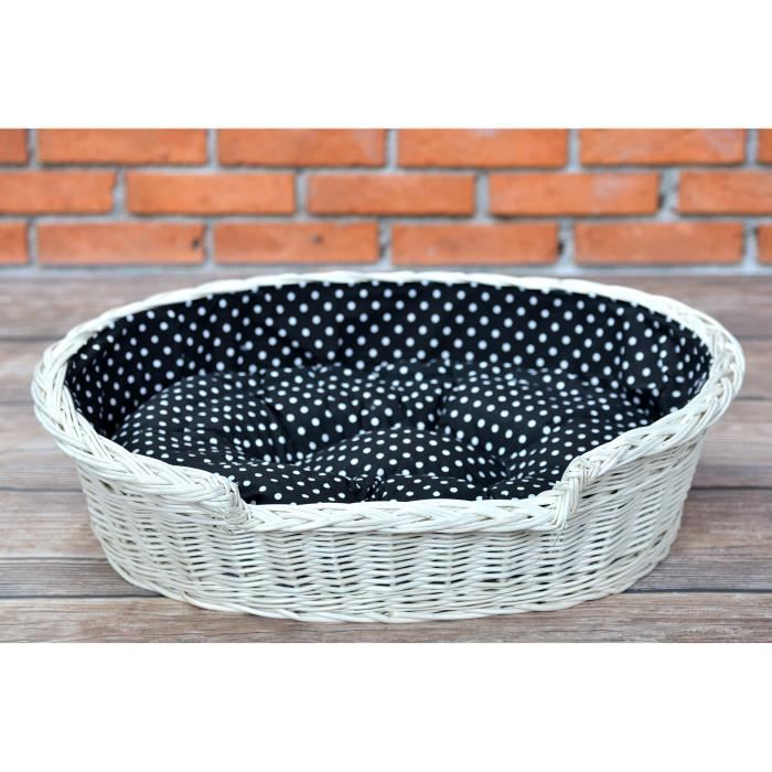 Panier ovale pour chien en osier blanc doublé coussin noir à pois blancs - 75 x 57 cm