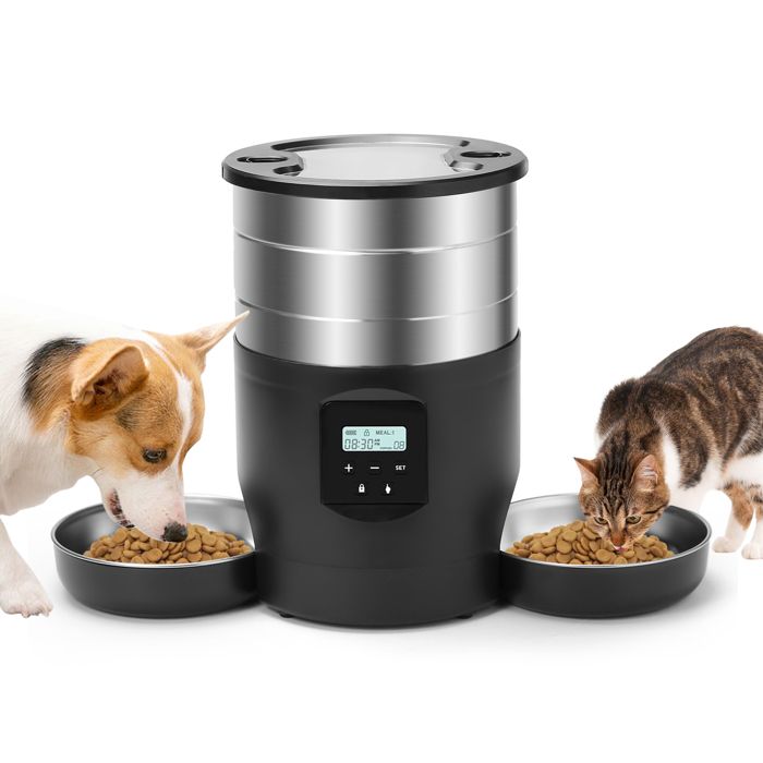 Distributeur Croquettes pour chat avec deux gamelles 45 litres commande à 5 boutons lecture vocale distributeur programmable