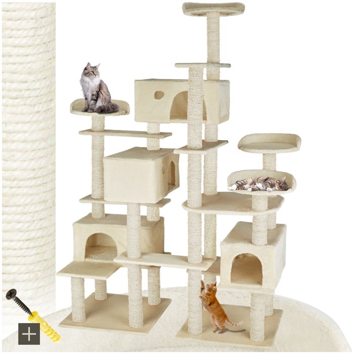 ARBRE A CHAT - TECTAKE - Griffoir ENTISSAR 214 cm Griffoir géant avec 4 Cabanes 138 x 60 x 214 cm Système Anti-basculement - Beige
