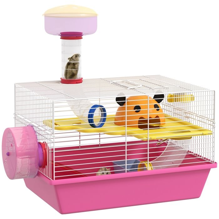 Cage à hamster - PawHut - rat rongeur avec plateforme - biberon eau - roue - maisonnette -  34 x 27 x 25 cm - rose