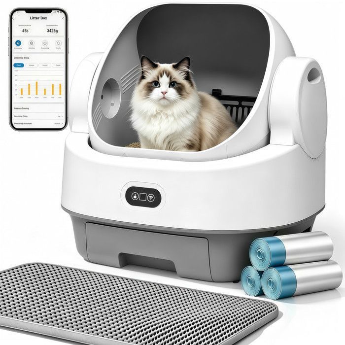 Litiere pour Chat Autonettoyante - Bac à Litiere Automatique Ouvert Contrôle par App - Poubelle de 9L Tapis litiere Chat et 40 Sacs