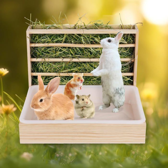 Râtelier foin 2-en-1 bois pour lapins/hamsters avec bac litière intégré