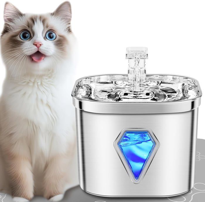 Distributeur deau pour Chat Acier INOX antibactérienAlimenté par USB Ultra-Silencieux Fontaine Eau Chat (ArgentDistributeur