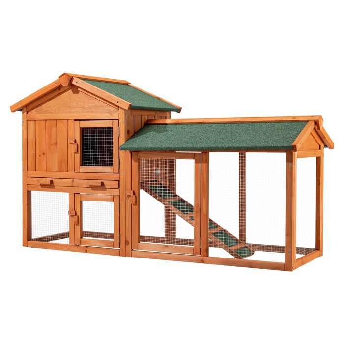 Wiltec Clapier – 1470 x 520 x 855 mm – 2 étages – Toit bitumé – Bois sapin – avec Rampe Enclos et bac amovible – Abri Cage pour ron