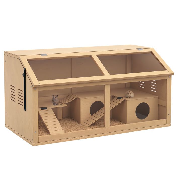 Cage pour hamster - PawHut - avec acrylique ventilation couvercle ouvrant et accessoires - bois - 85x45x44cm - effet bois naturel