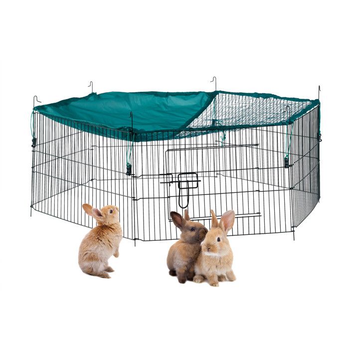 Relaxdays Cage extérieur lapin avec filet enclos pour rongeurs avec protection contre le soleil Ø 110 cm vert
