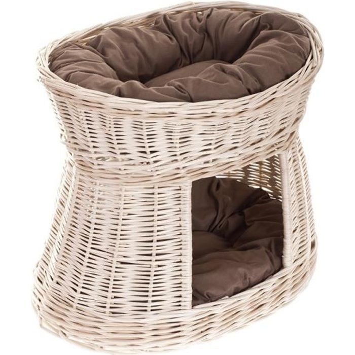 Lit pour chat - Panier ovale - Osier blanc - Avec coussins - Intérieur - 2 étages