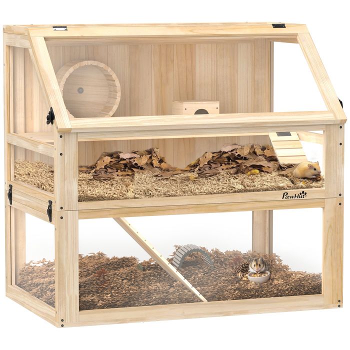 Cage hamster en bois - cage rongeur - PawHut - 3 niveaux avec fond amovible cabane balançoire - 80x50x76cm - finition bois naturel