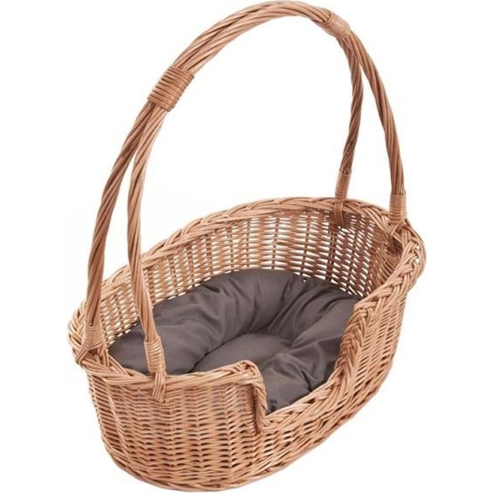 Panier ovale en osier pour chien et chat avec poignée et coussin marron