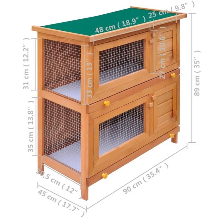 Cage Clapier Exterieur en Bois pour Lapins - HB007 - Marron - Extérieur - Taille 90x45x89cm