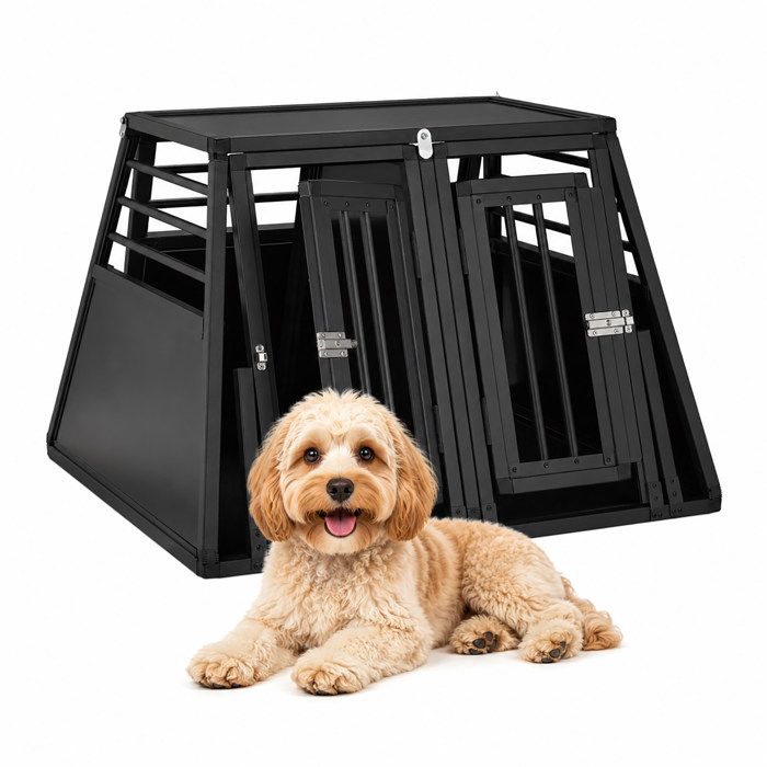 Relaxdays Boîte transport chiens pour voiture oblique cage en aluminium canidés HxLxP : 64x90x82 cm noire/grise