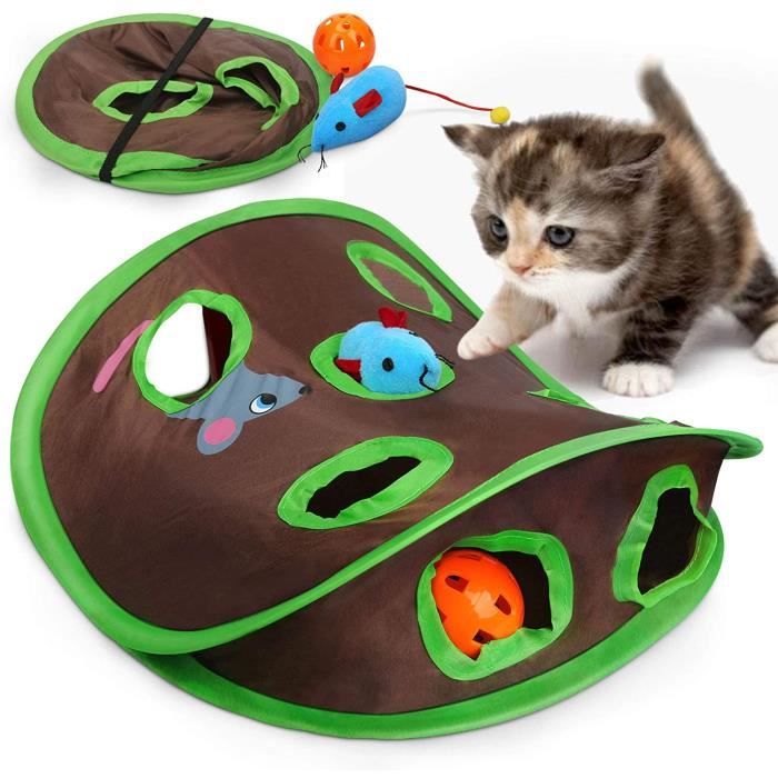Jouet pour Chat - Tunnel Pliable - 9 Trous - Inclus Souris et Balle - Tissu Polyester