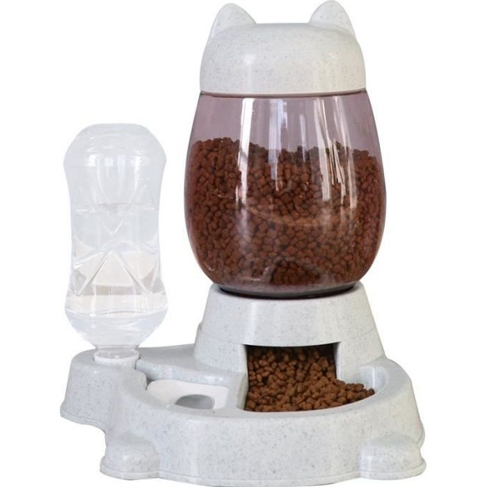 Distributeur Eau et croquettes Automatique pour Chien et Chat Mangeoires pour Animaux (Bouteille deau 528ml Baril de Grain 2.2L)