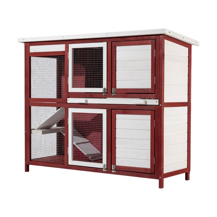 Wiltec Clapier – 1175 x 410 x 1000 mm – 2 étages – Toit bitumé – Bois sapin – avec Escaliers et bac amovible – Abri Cage pour rongeu