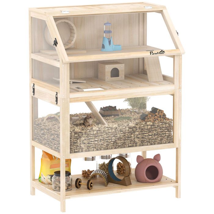 Cage pour hamster - habitat pour rongeur - PawHut - 3 étages avec panneau acrylique et roue - bois - XXL 80x53x117cm - effet bois