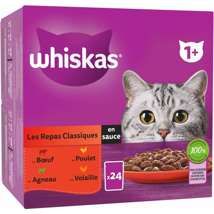 WHISKAS Repas pour Chat - 48 Sachets Fraîcheur (Lot de 2 Packs 24x85g) - Pâtée pour Chat Adulte en Sauce