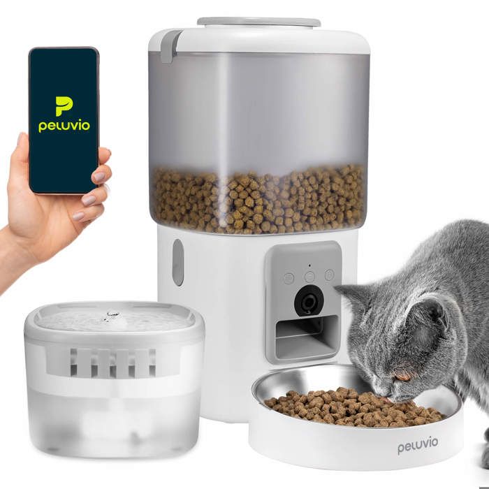 Distributeur Croquettes Chat Automatique 2 en 1 PELUVIO Feast - Distributeur deau - Camera - Wi-Fi - 45 L - 10 Repas/jour - Blanc