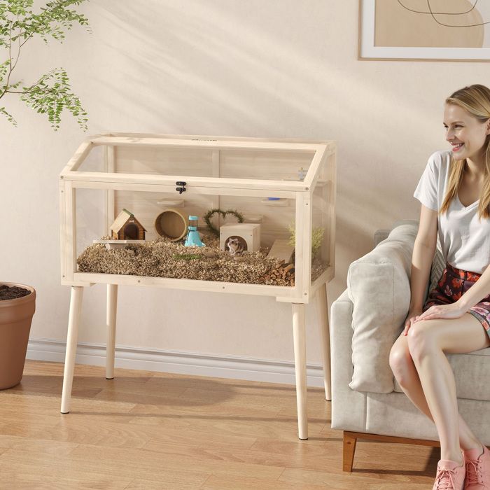 Cage hamster habitats pour rongeur bois FSC toit ouvrable 7 plateformes 2 balançoires 110x52x101cm effet bois naturel