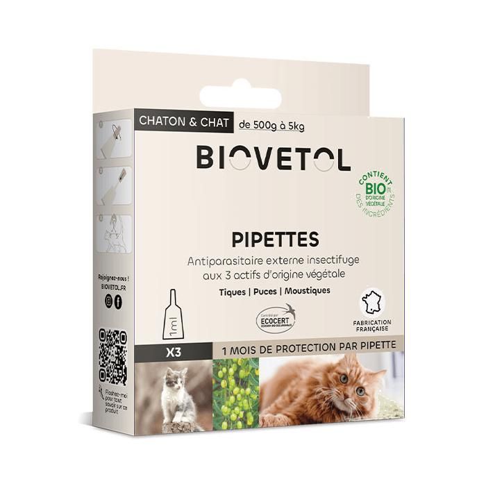 Pipettes Antiparasitaires Chat - Bio Certifié Ecocert - Anti-puces Anti-Tiques - Soin pour chat/chaton - 3+1 x 1 ML