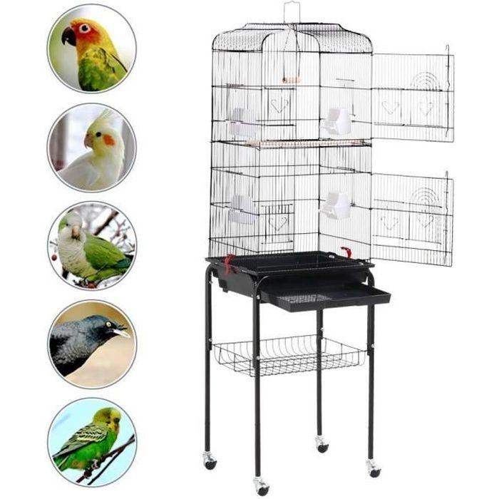 Cage à Oiseaux sur Pied Volière pour Perroquet Perruches Canaris Calopsitte élégante 4 mangeoires / 3 perchoirs / 1506cm de Haut