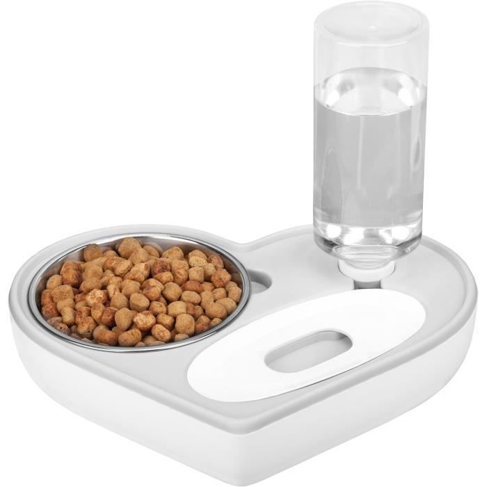 Gamelle Chien Chat 2-en-1 avec Distributeur d’Eau Automatique Forme de CœurFontaine a Eau Chat à GravitéMangeoirs et Abreuvoirs