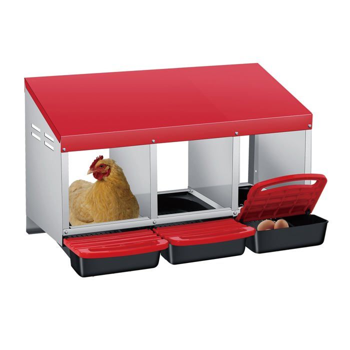 Pondoir pour Poules Nichoirs 3 cases avec perchoir et Triple bac de recyclage des œufs- Antirouille /Étanche/ Ventilé -Rouge