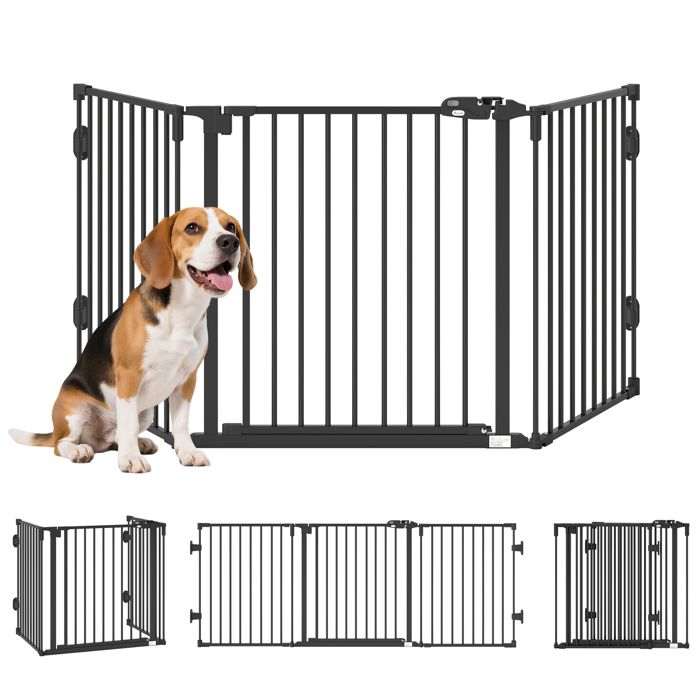 Barriere de securite chien - PawHut - pliable modulable - avec porte en acier - 3 panneaux - fermeture automatique - 2025 cm - noir