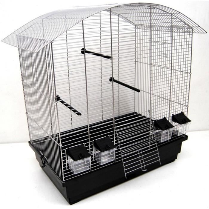 Cage pour Perruche Ondulée et Canaries - Noir Chrome - 2 portes - 3 perchoirs - 4 tasses