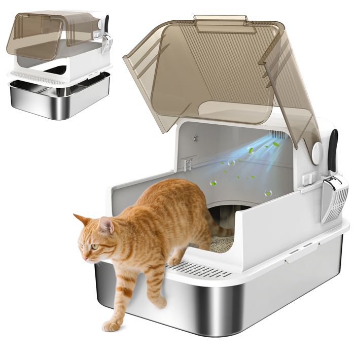 Bac à litière pour chat - PawHut - fermé - pelle - anti-fuite - nettoyage facile - en acier inoxydable - 70 x 50 x 465 cm - blanc