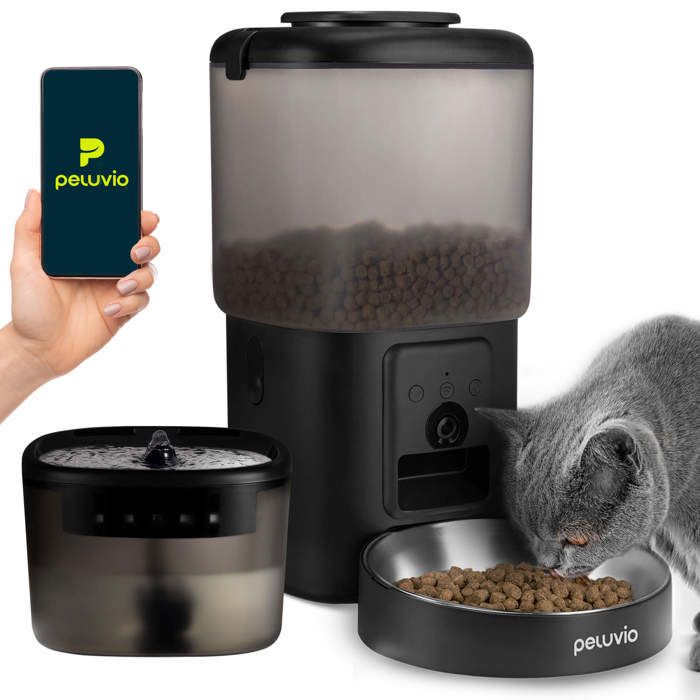 Distributeur Croquettes Chat Automatique 2 en 1 PELUVIO Feast - Distributeur deau - Camera - Wi-Fi - 45 L - 10 Repas/jour - Noir