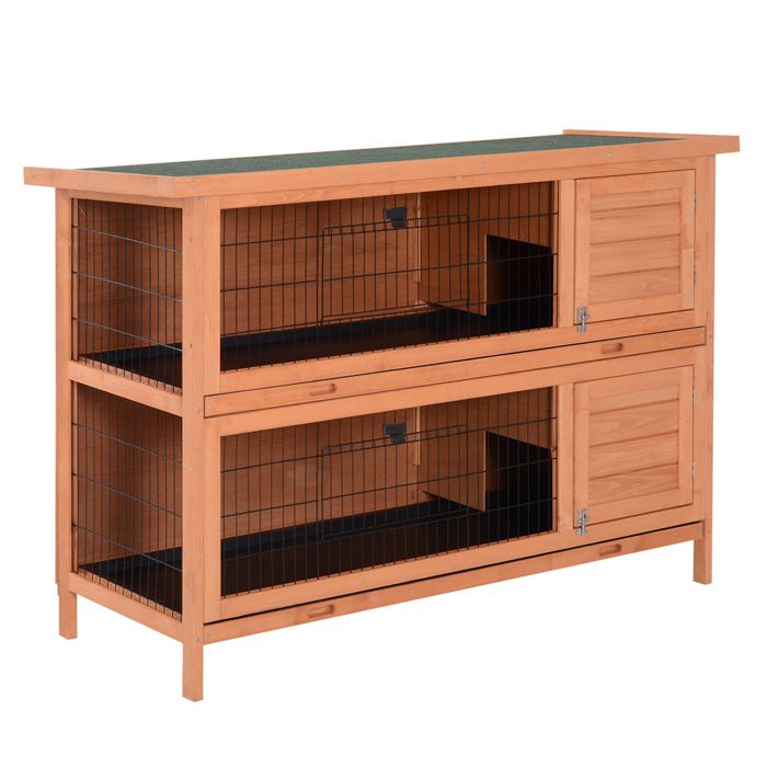 Clapier sur pieds - PawHut - cage lapin double niveau plateaux coulissants 4 portes - bois pin - 137x50x93cm - vert