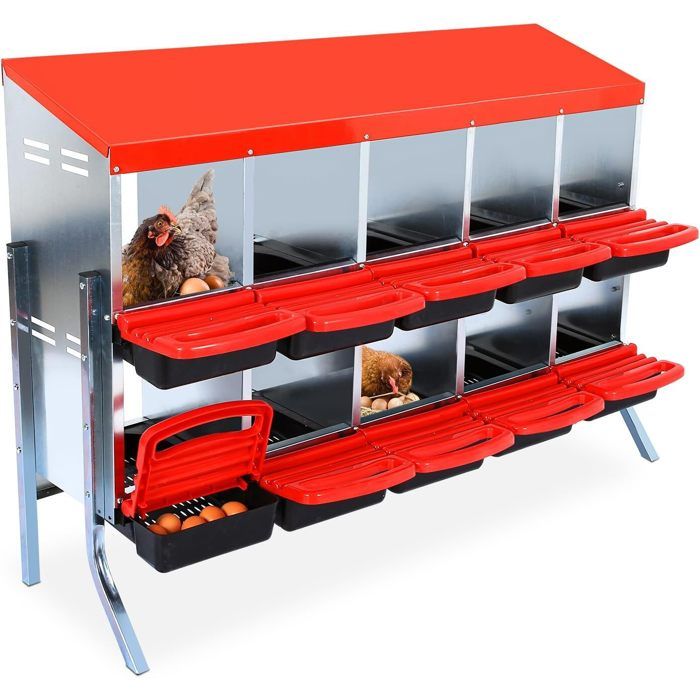 Nid de pondoir pour poules 10 compartiments avec bac collecteur et grille daération-133x52x95cm rouge