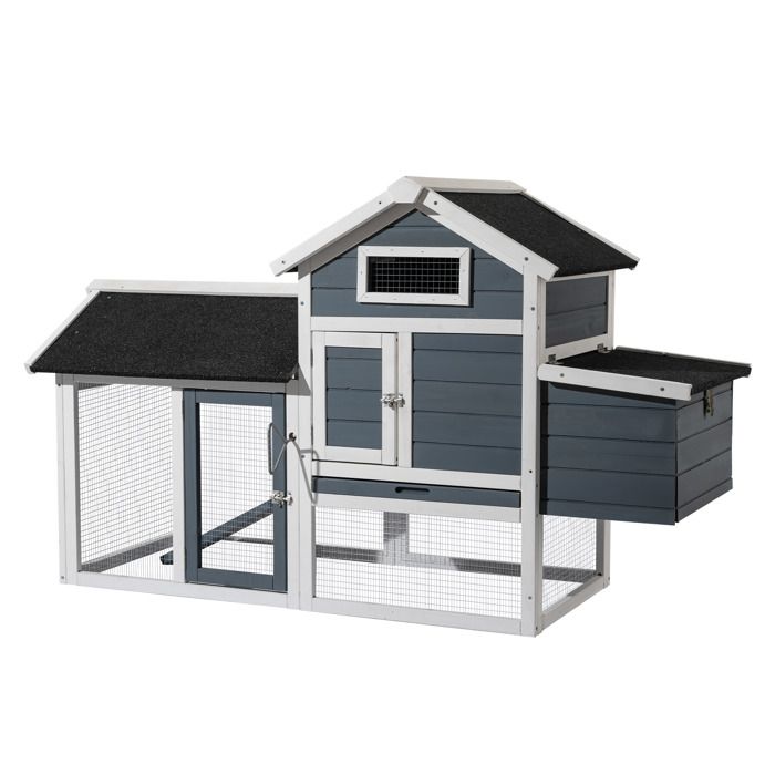 Wiltec Poulailler avec Nichoir et Enclos – 1520 x 520 x 920 mm – en Bois de sapin – Toit bitumé – avec Bac à crottes amovible – Cage