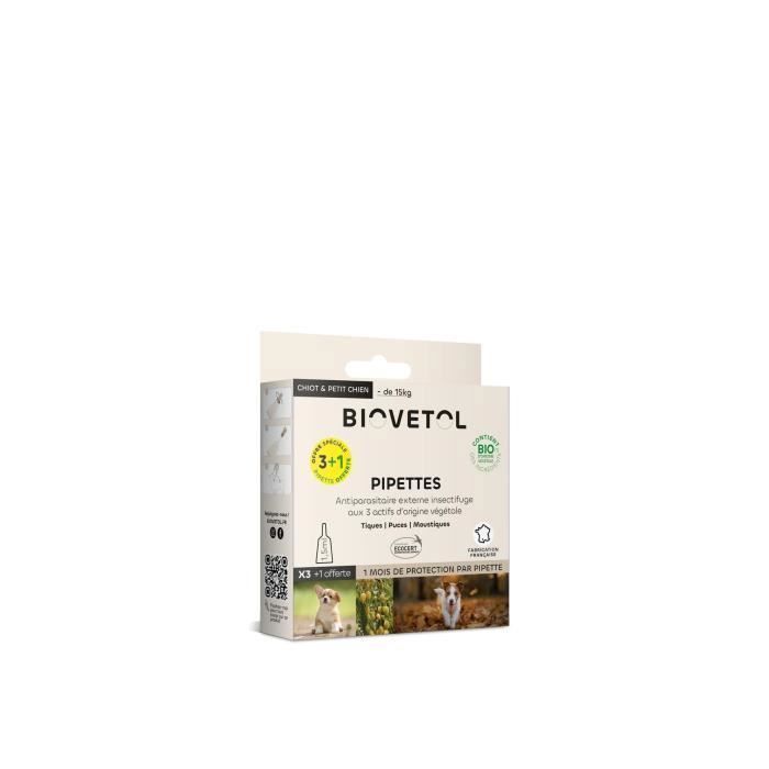 Pipettes Antiparasitaires Chien - Bio Certifié Ecocert - Anti-puces Anti-Tiques - Soin pour Petit Chien (-15 kg) - 3+1 x 15 ML