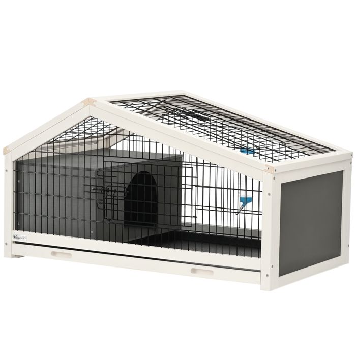 cage à lapin - PawHut - plateau déjection - porte et toit ouvrant verrouillables abreuvoir - acier noir sapin gris blanc