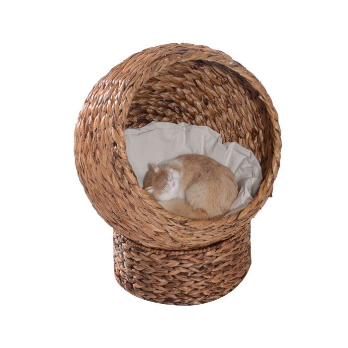 PawHut Panier en rotin pour chats lit pour animaux avec coussin en jacinthe deau marron clair 50 x 42 x 60 cm