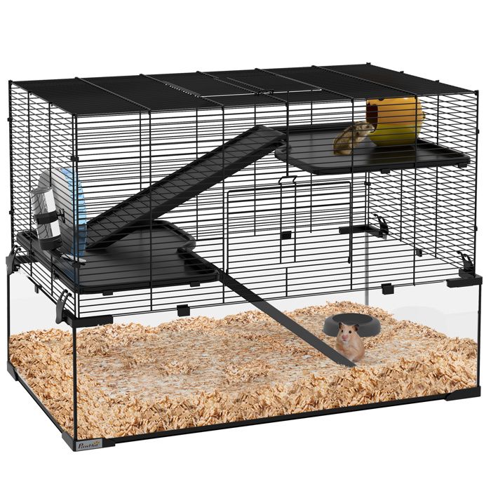 Cage hamster - PawHut - 3 niveaux - roue rampes maisonnette abreuvoir mangeoire - 765L x 485l x 545H cm - noir