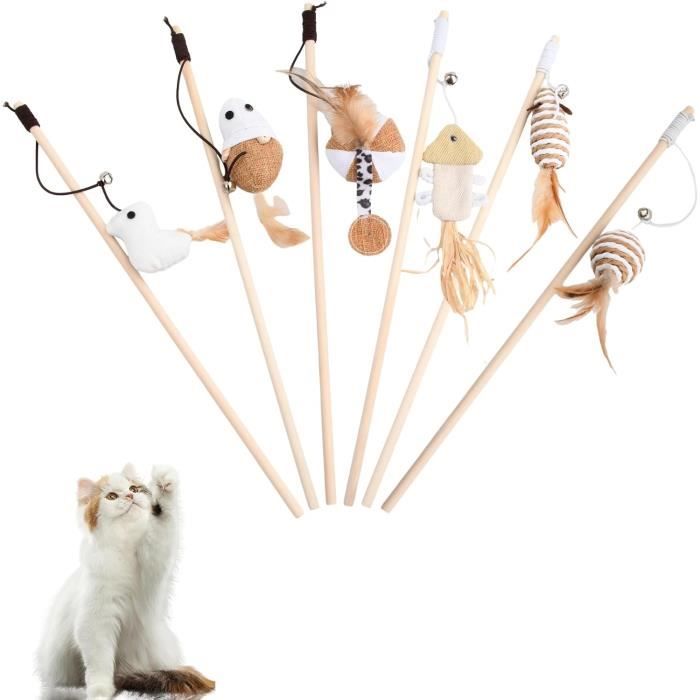 Jouet pour chat - Ensemble de 6 pièces - Canne à pêche interactive plumes et cloches