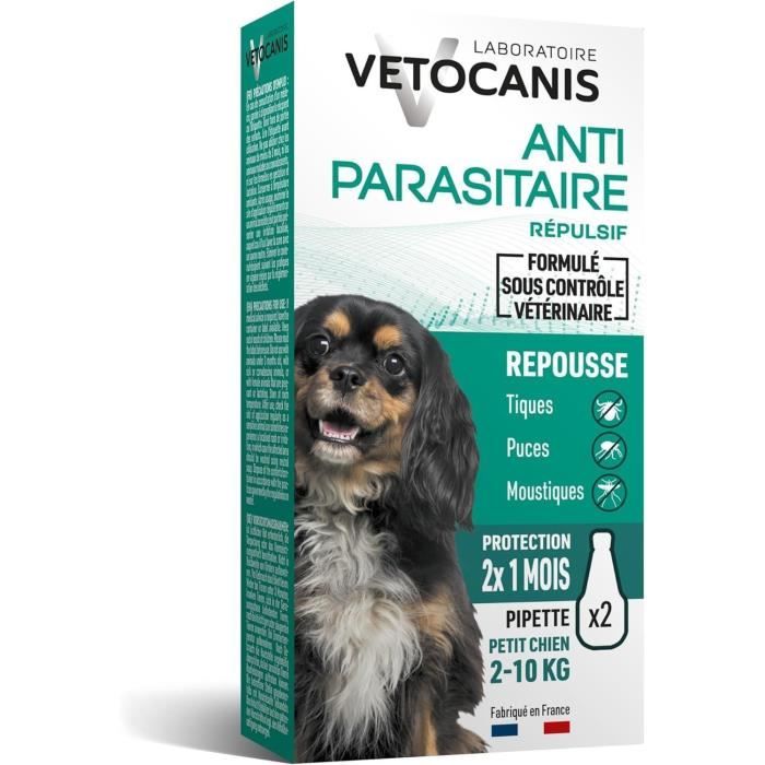Pipettes Anti puces - VETOCANIS -  2x1 Mois sans Tiques Puces Moustiques - Antiparasitaire Chien 2 à 10 kg A base de Margosa